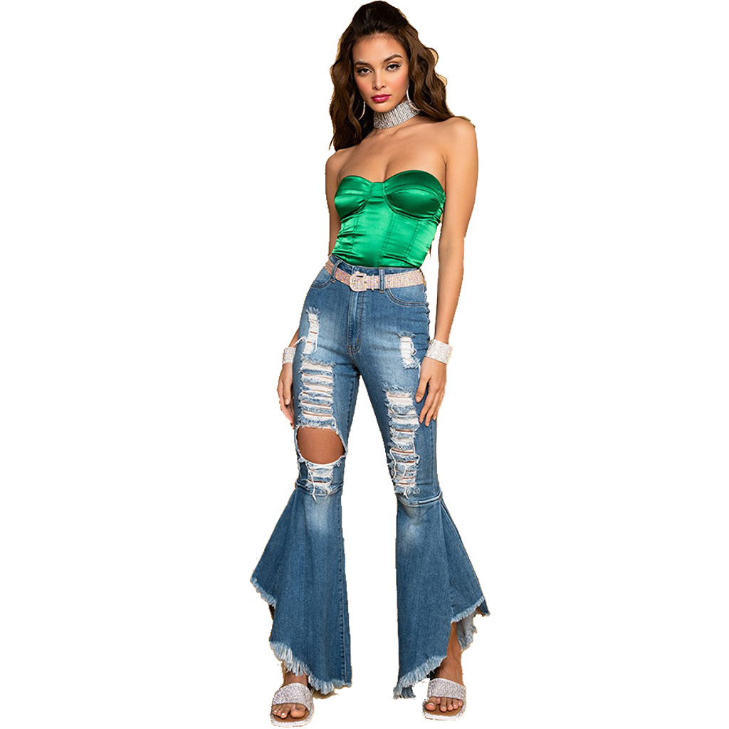 Fashion stitched jeans flared pants with holes