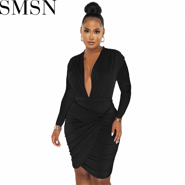 Plus Size Dress Amazon new autumn winter sexy deep V neck twist irregular long sleeve dress