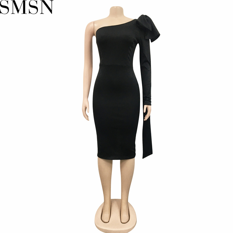 Fashion women dress Amazon women wear new diagonal collar single long sleeve bowknot ribbon dress