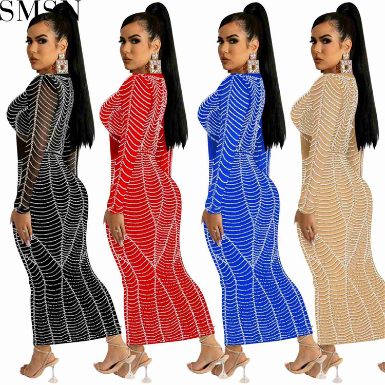 Casual Dress sexy nightclub hot rhinestone mesh see through V neck long sleeve dress for women