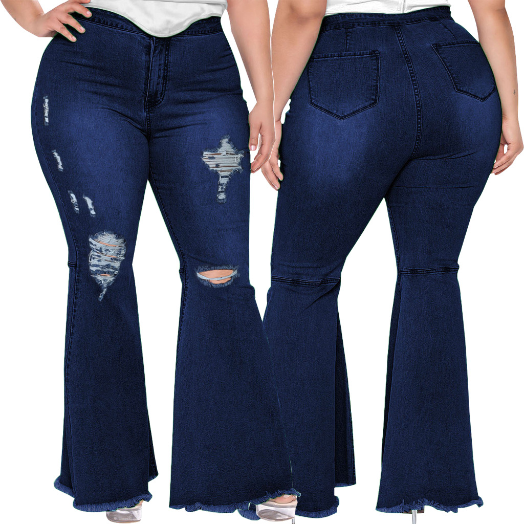 Fashion Slim Fit Wide Leg Perforated Plus Size Flare Jeans