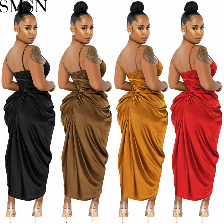 Evening Dresses 2022 Fashion solid color women sexy spaghetti straps chest wrap crimp split dress