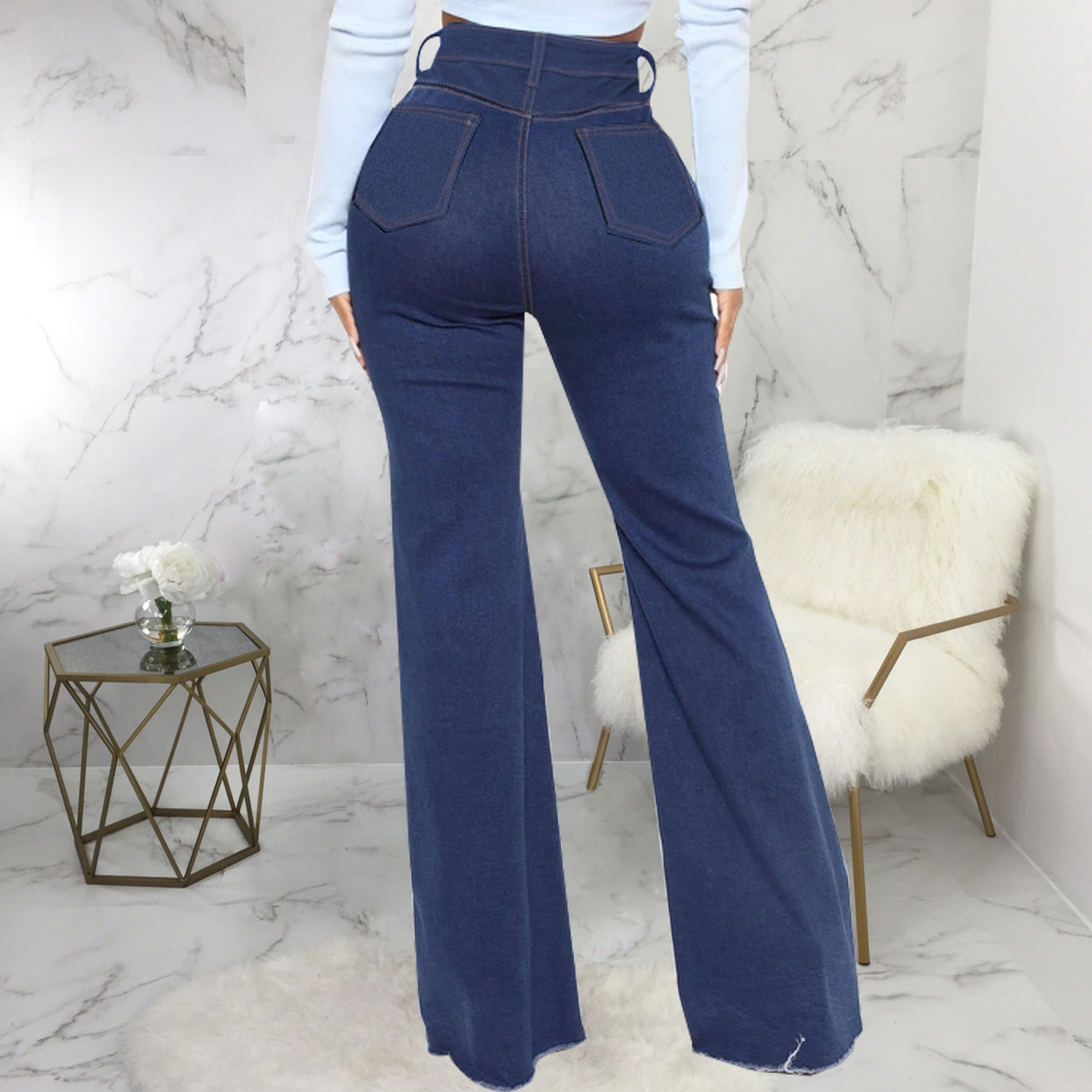 Patchwork denim elastic slim flare pants