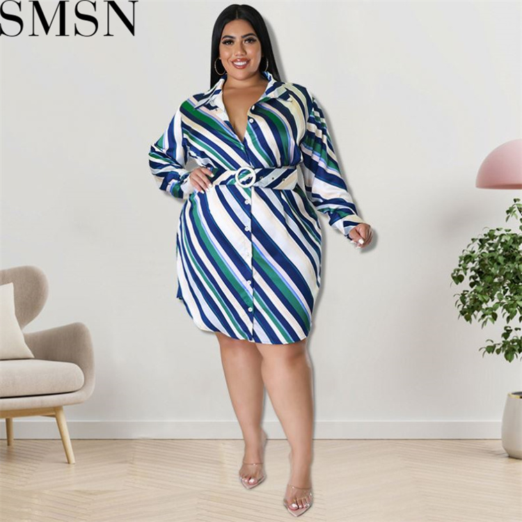 Plus Size Dress Wholesale Supply Autumn Long Sleeve Diagonal Striped Shirt Women Dress