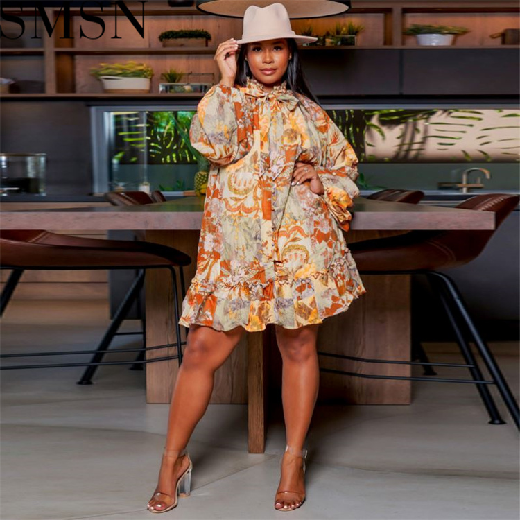 Plus Size Dress Printed Lotus Collar Sexy Woven Large Swing Skirt with Belt Large Size Women Dress