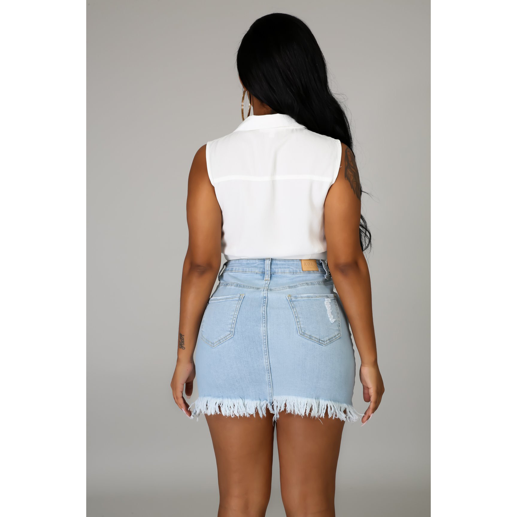 Fashion wear out high waist elastic denim skirt