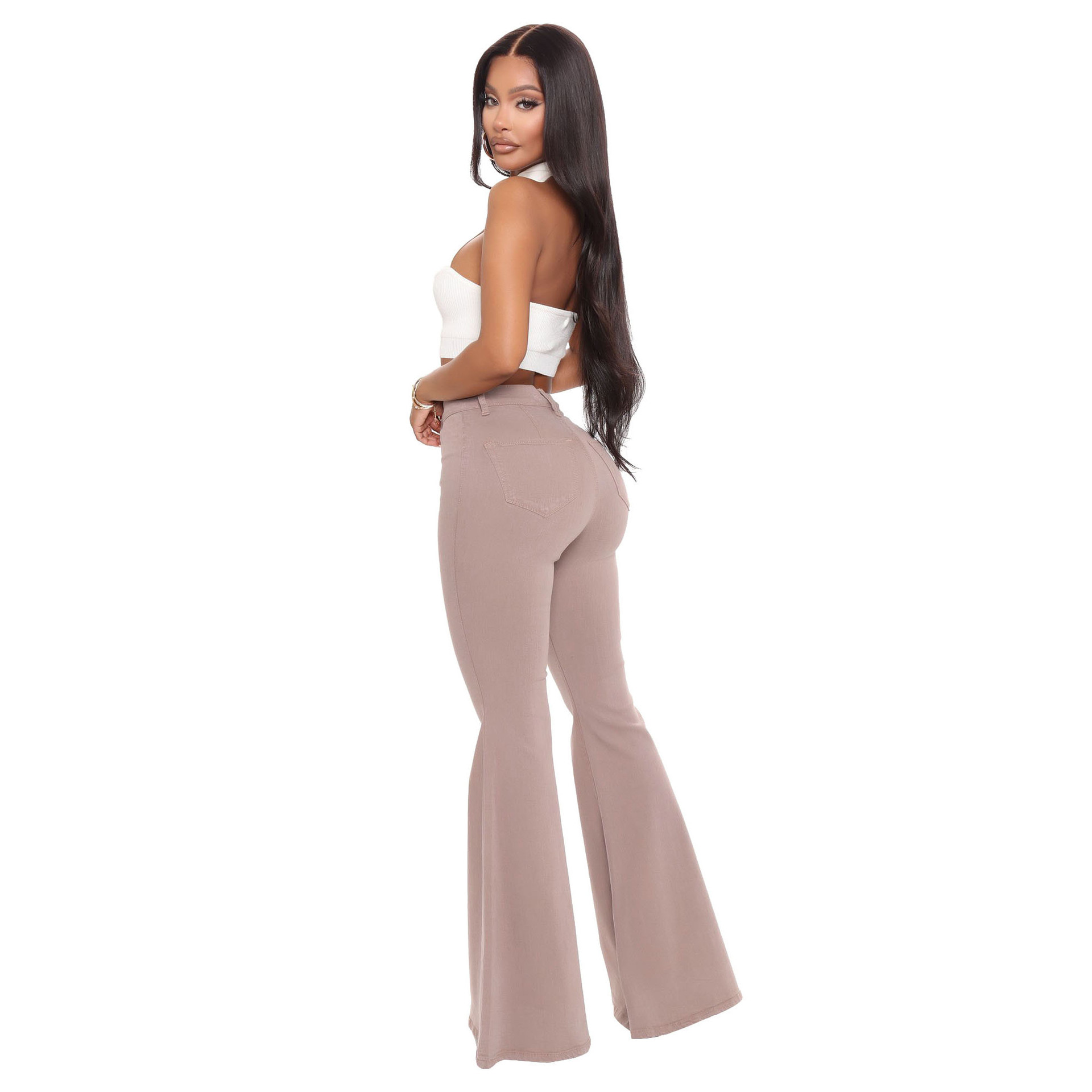 Fashion high waist elastic denim flared pants