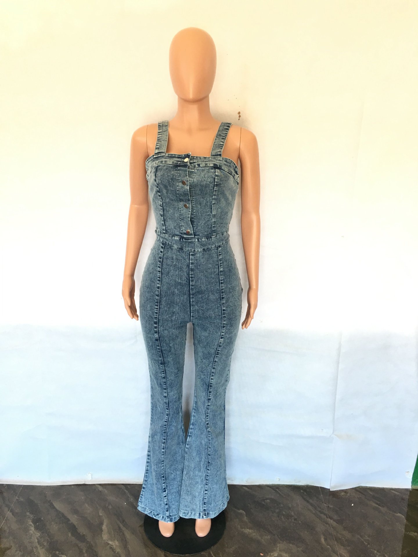 Fashionable casual sexy shoulder strap denim jumpsuit