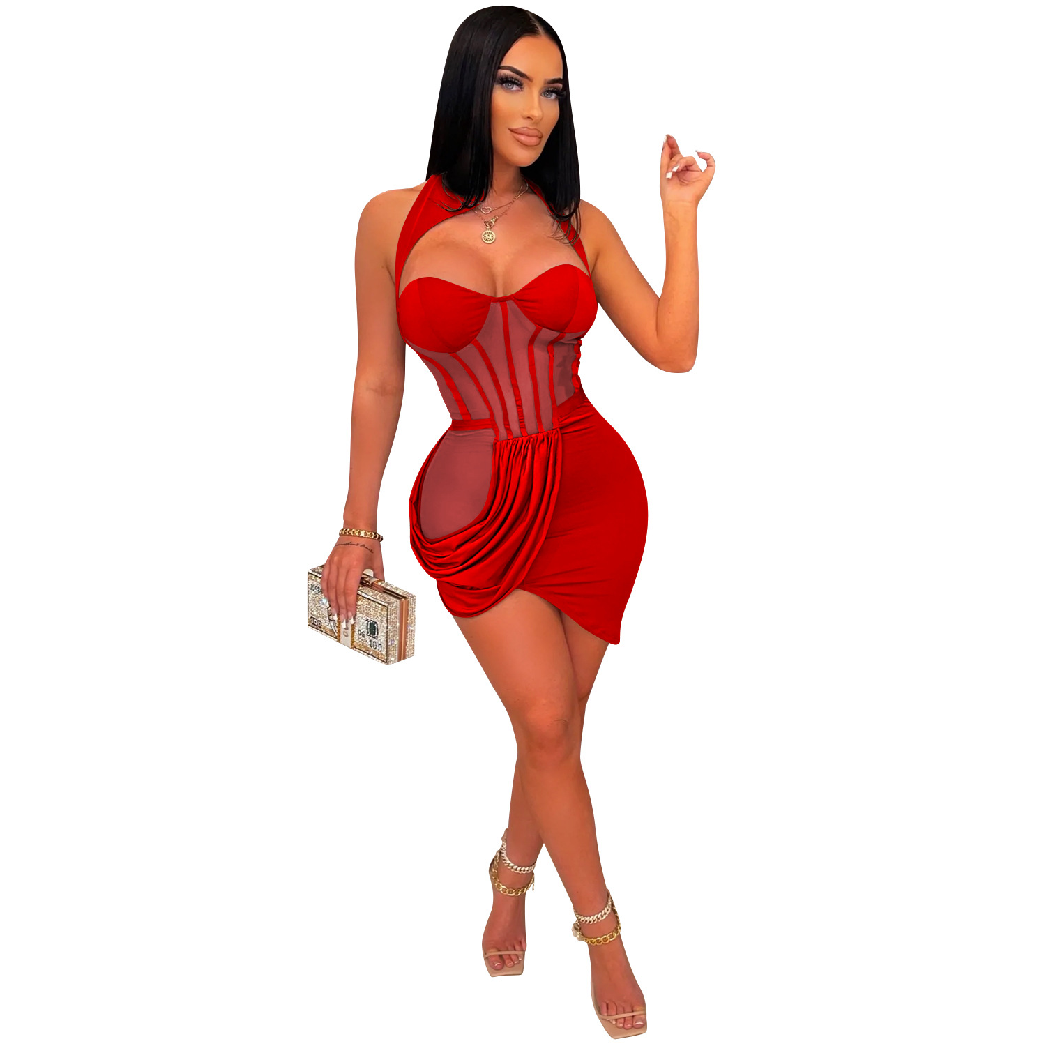 Casual Dress pure color mesh see through wrapped chest pleated irregular skirt dress for women