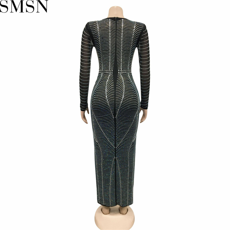 Casual Dress sexy nightclub hot rhinestone mesh see through V neck long sleeve dress for women