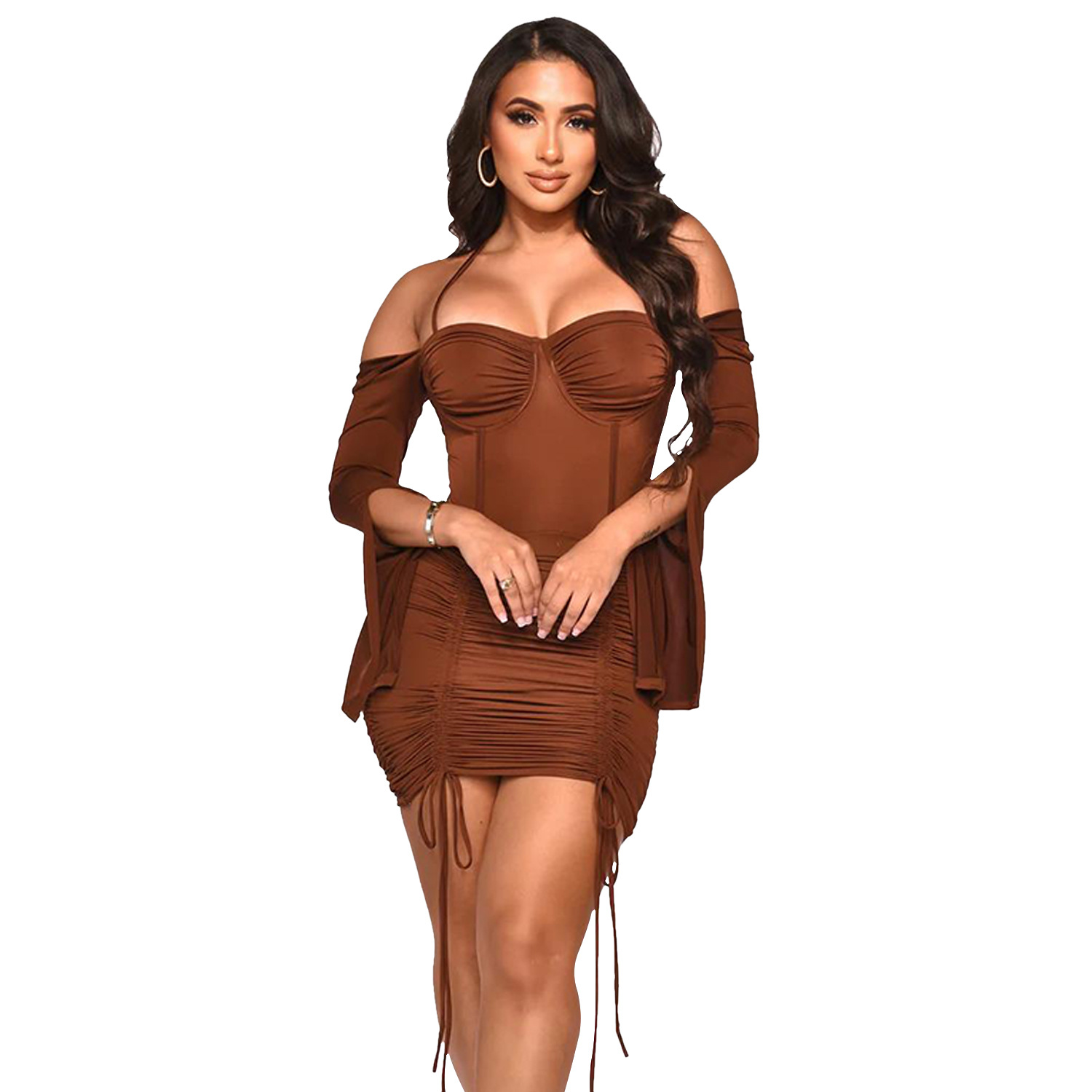 Plus Size Dress Amazon European and American fashion women lace up long sleeve skirt dress