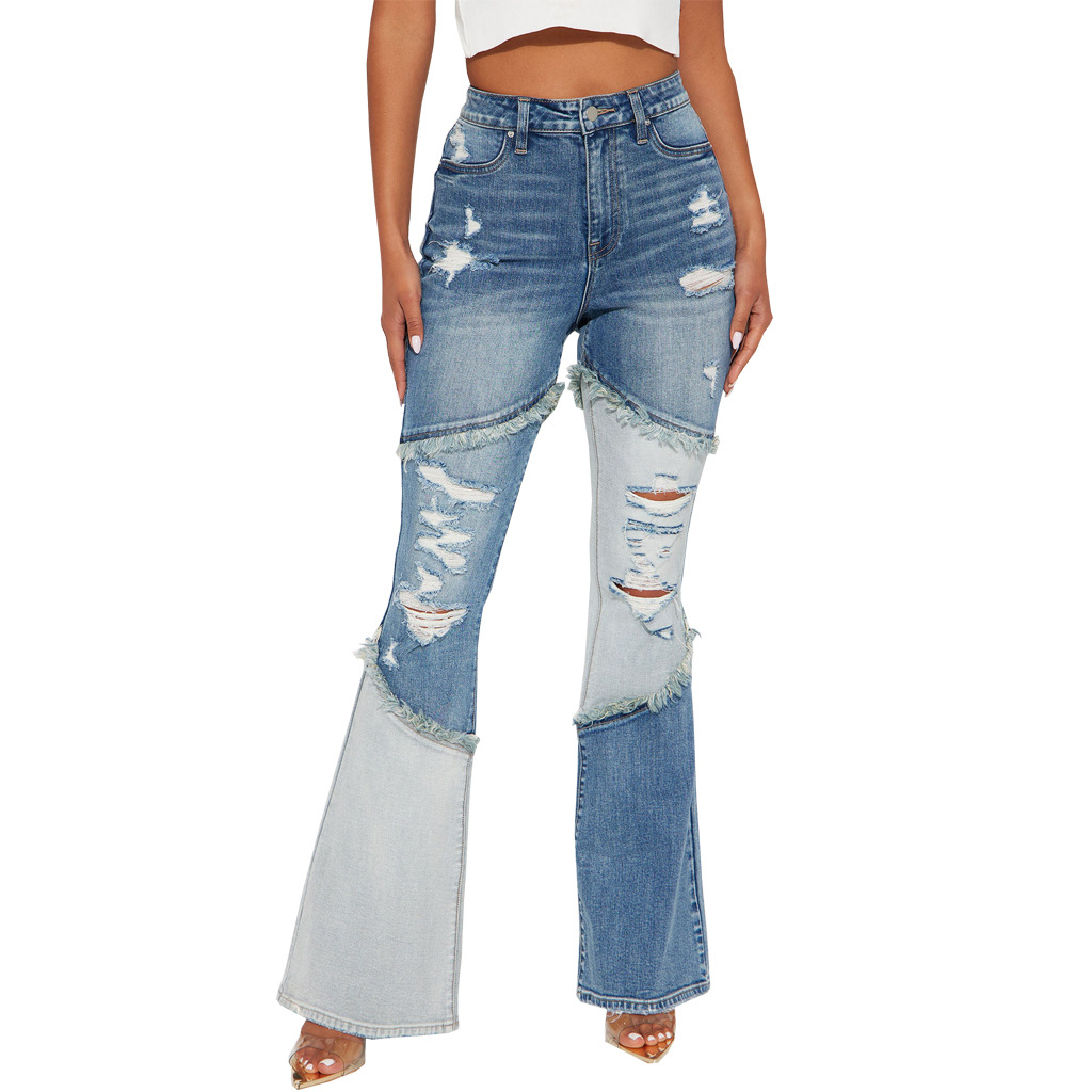 Sexy fashion versatile tassel hole stretch slim Bell-bottoms