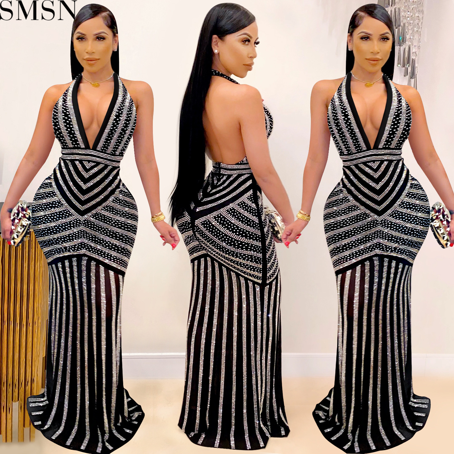 Fashion women dress deep V-neck and backless nightclub party formal dress rhinestone see-through dress plus size casual dress