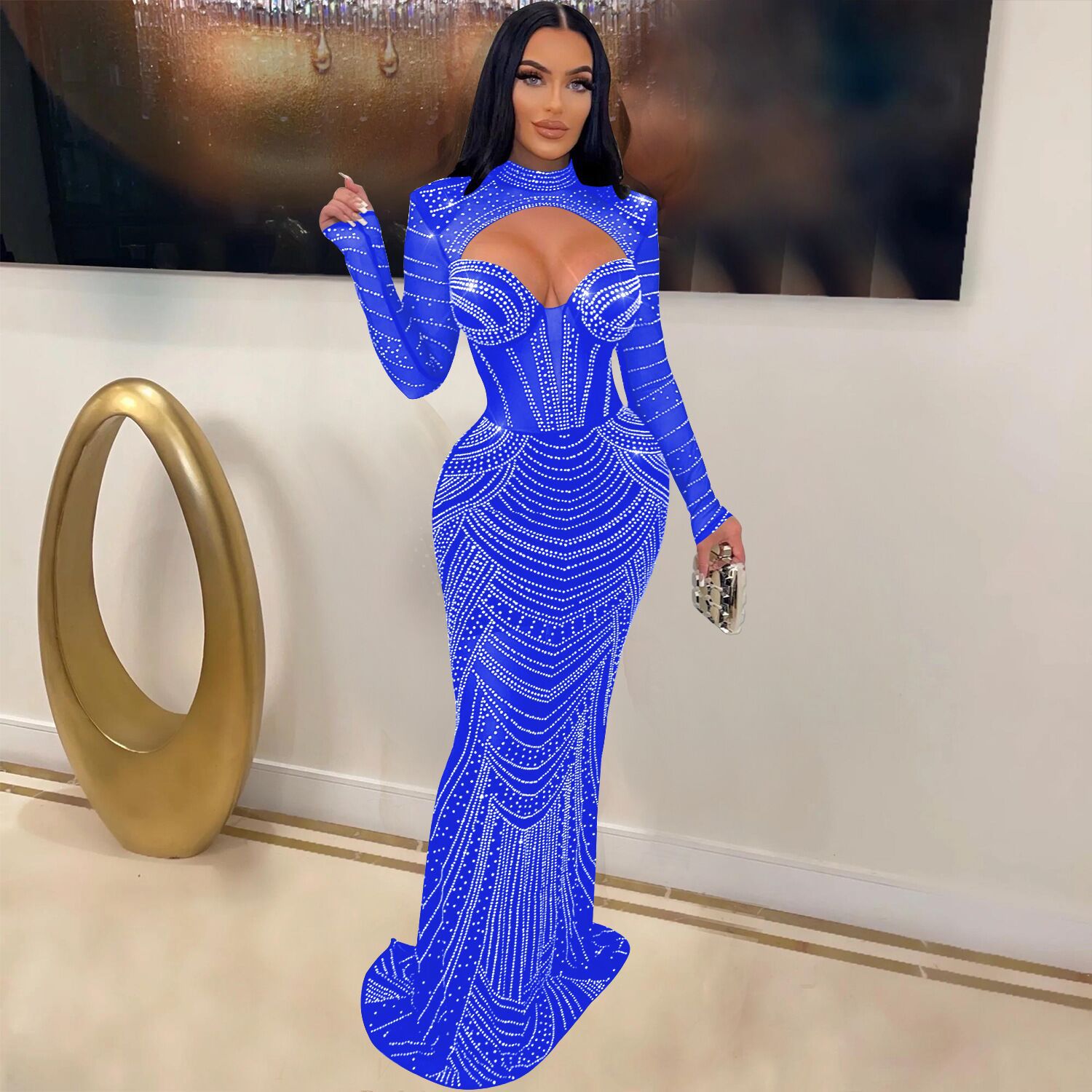 Plus Size Dress Europe and America cross border Women see through slim fit rhinestone dress