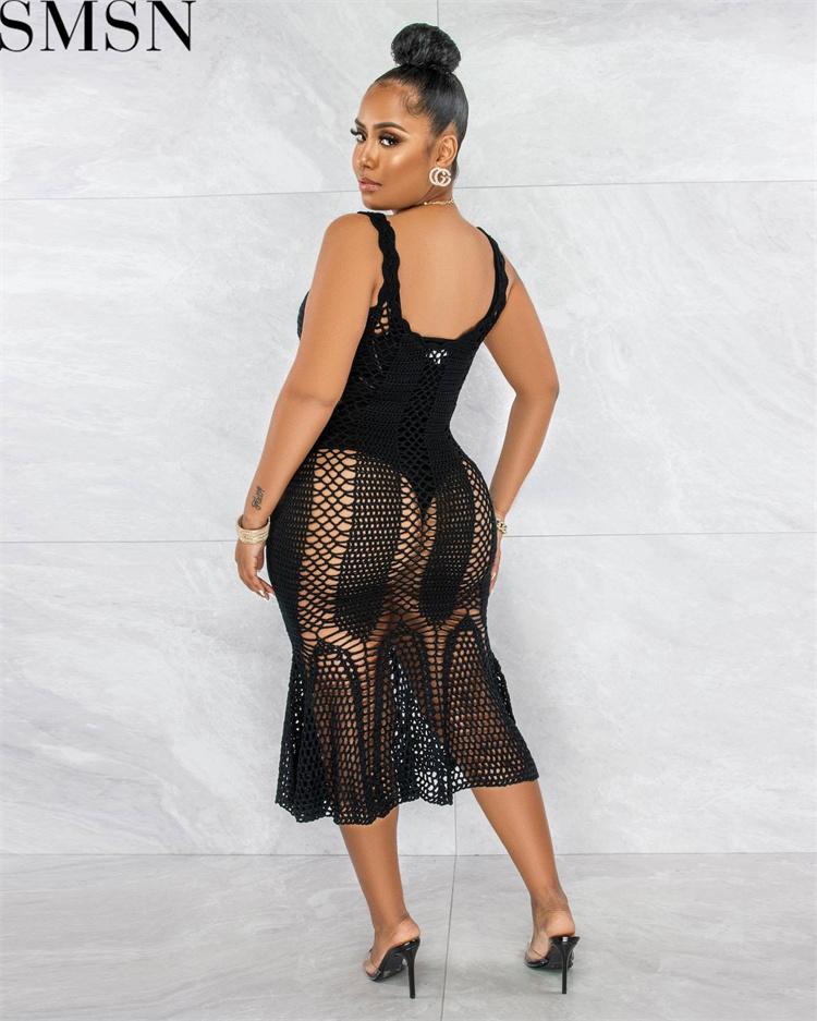 Fashion women dress Amazon Ins Style Sexy Cutout Strap Blouse Hand Crochet Knitted Dress