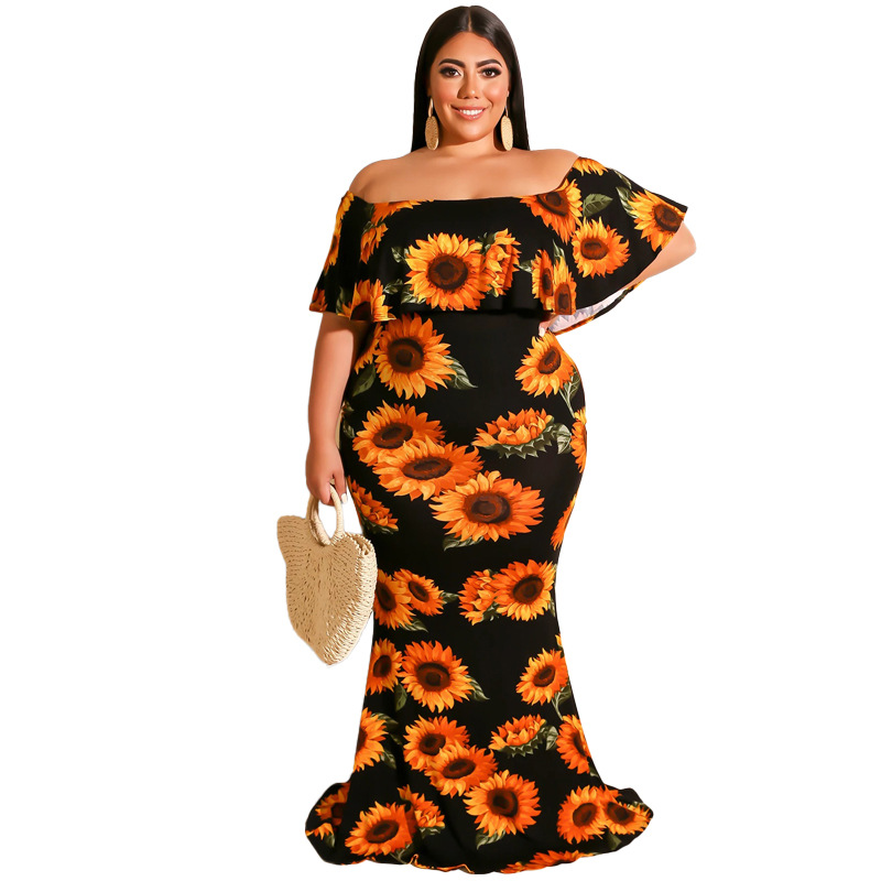 Plus Size Dress 2022 Summer Sunflowers Leaf Printed Sexy Tight Dress