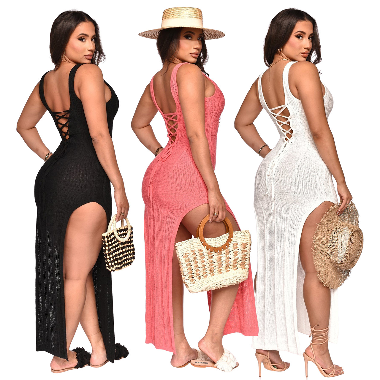 Summer beach V-neck long Dress knitted slit backless sexy dress Women