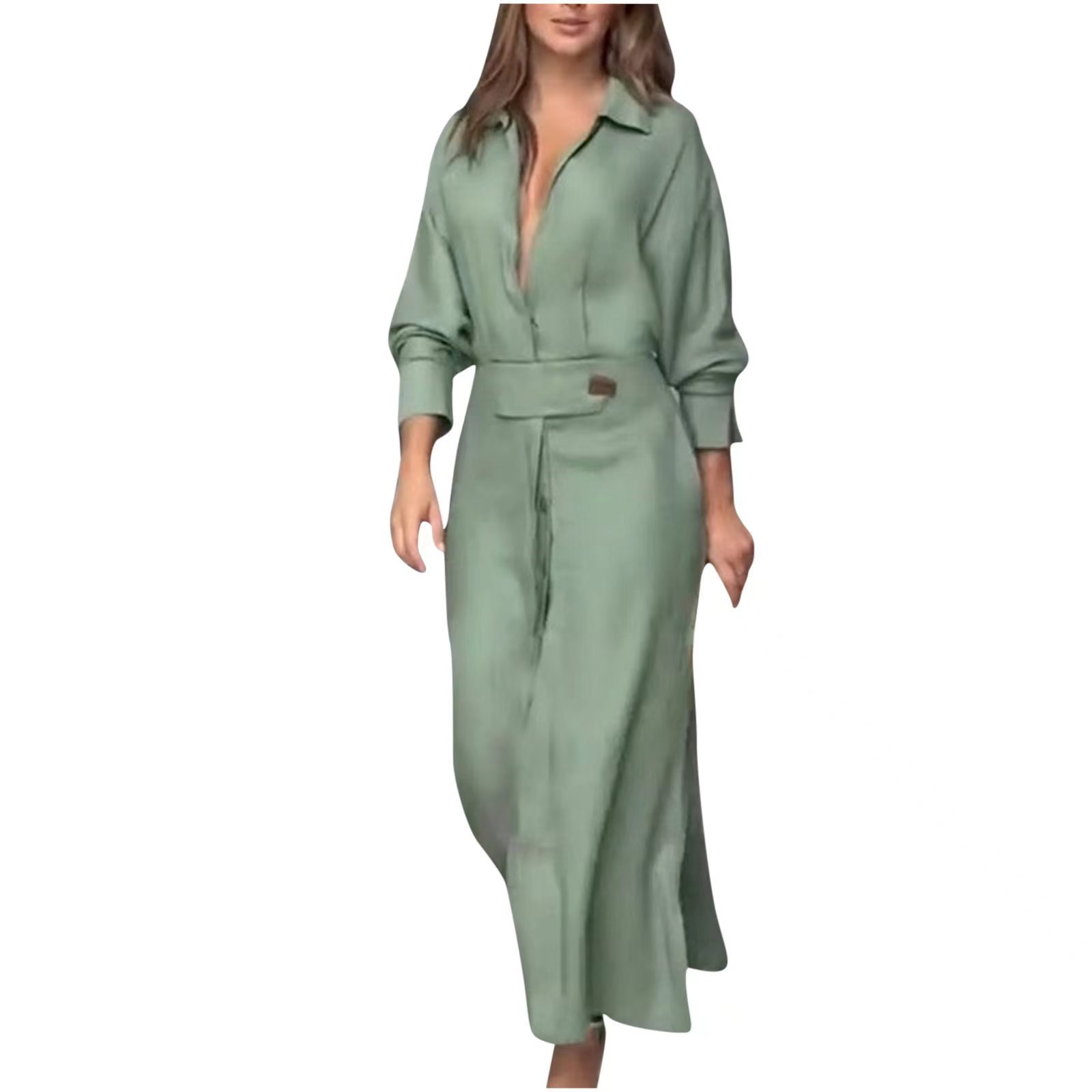 Solid Color Shirt Collar Dress Long Sleeved Long Skirt
