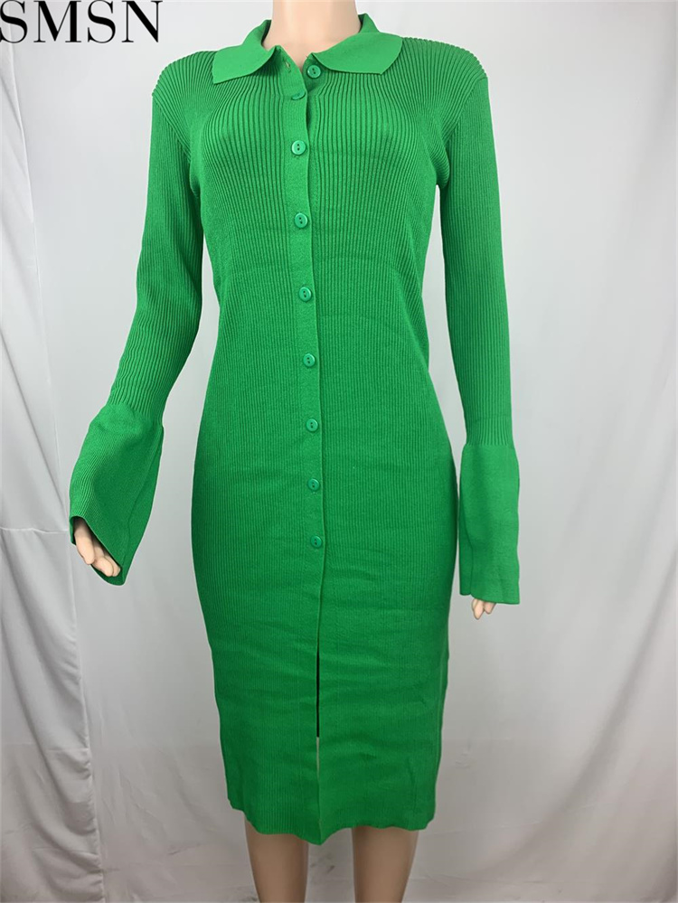 Fashion women dress Amazon long sleeve V neck long button bell sleeve dress sweater