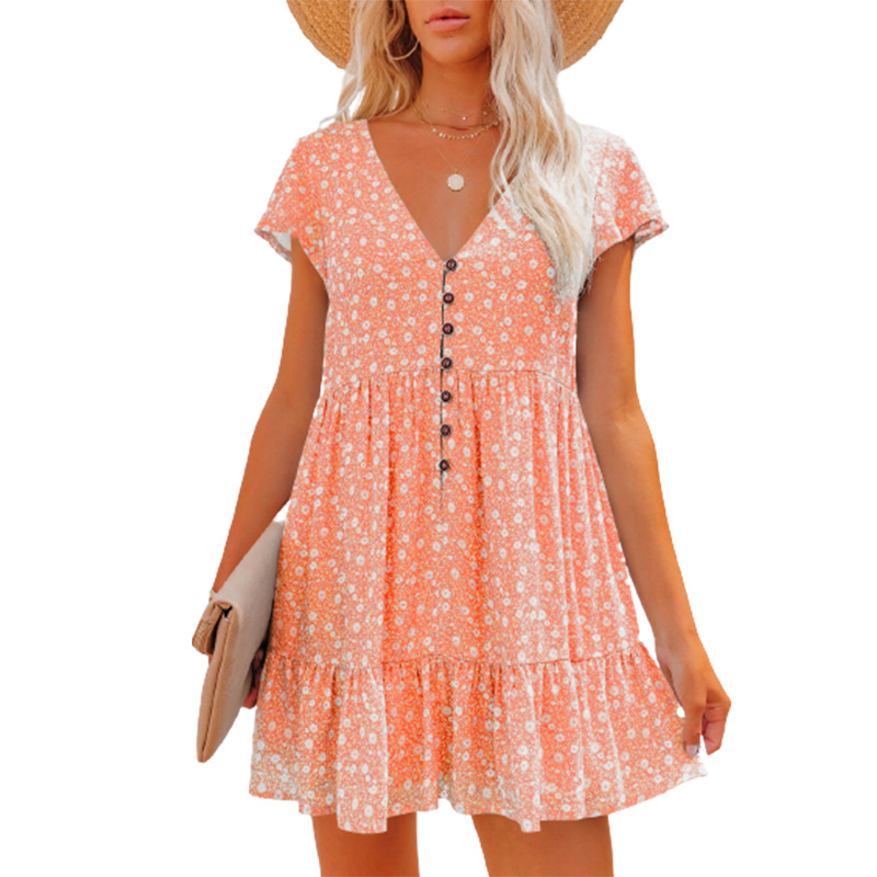 Spring and summer V-neck buttons small floral short sleeve loose casual dress women's clothing plus size casual dress