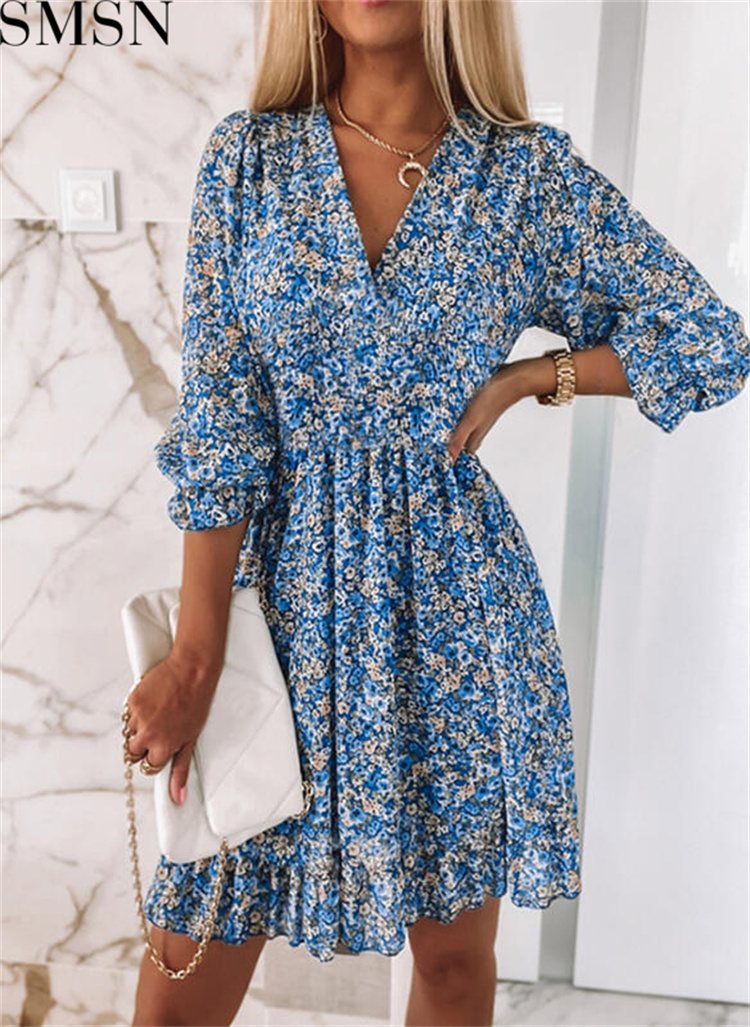 Mid-skirt pullover print short sleeve puff sleeve mid-waist floral dress plus size casual dress