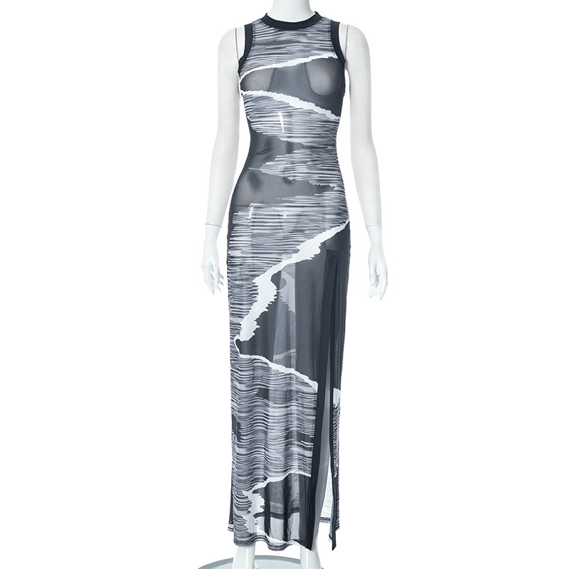 Mesh Printed Sleeveless Round Neck Slim Fitting Slit Long Dress