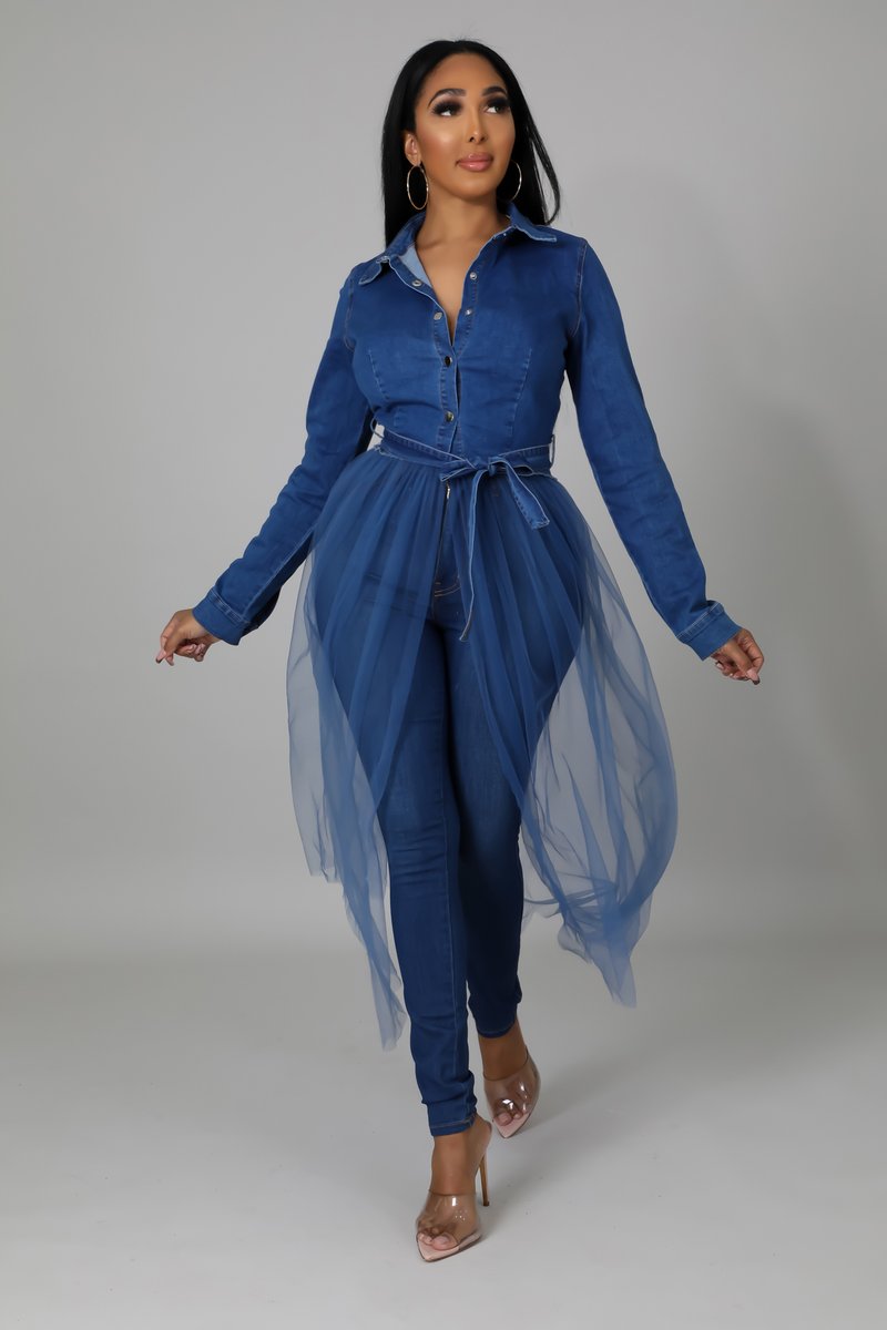 Denim stitched mesh long windbreaker