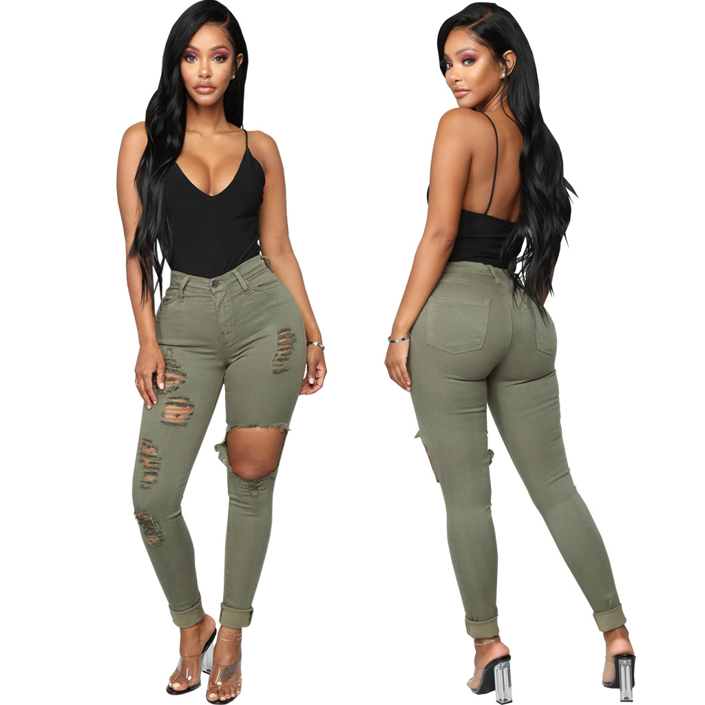 Fashion high waist denim hole tights