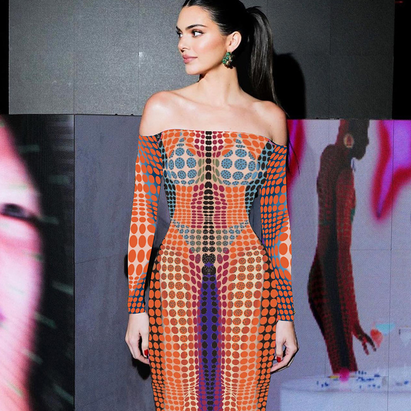 Women'S Characteristic False One-Word Neck Splicing Long-Sleeved Slim-Fit Swing Skirt Dress