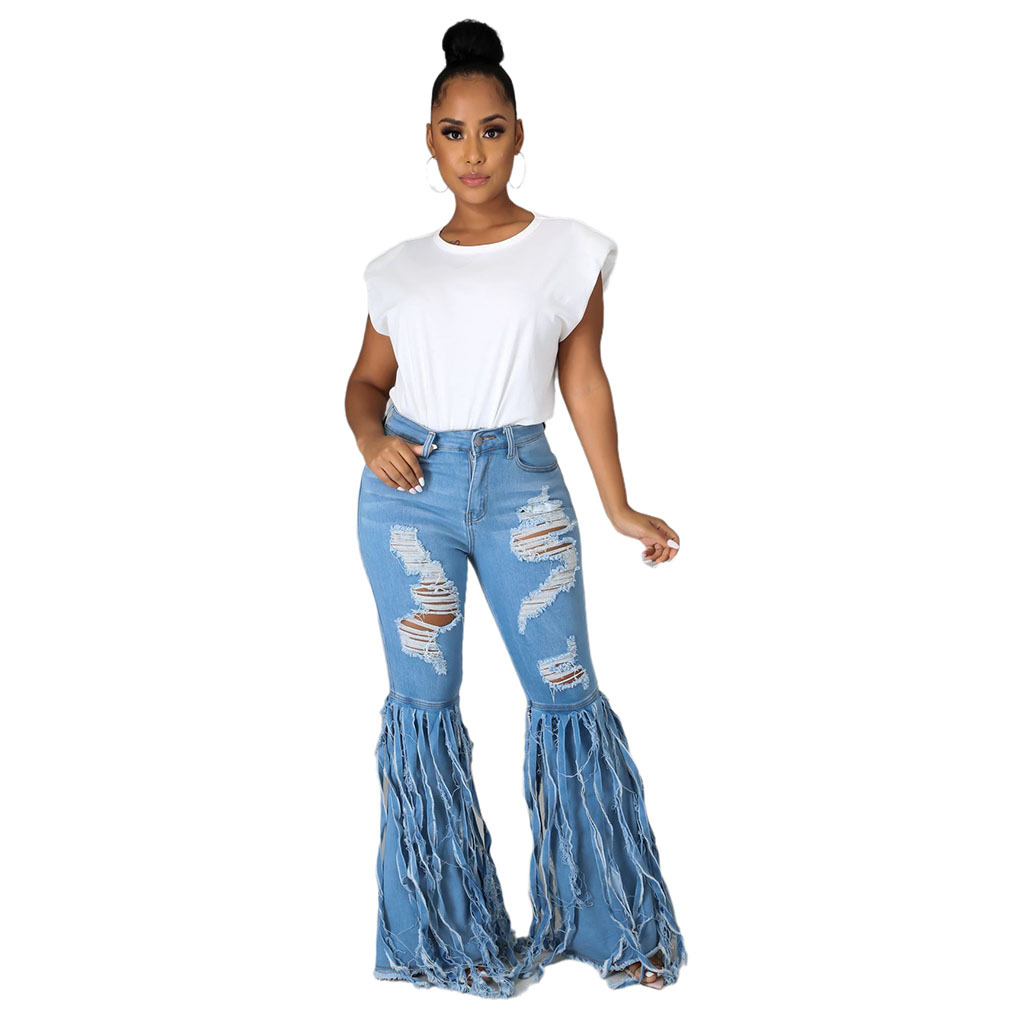 Sexy fashion tassel pierced elastic flared pants