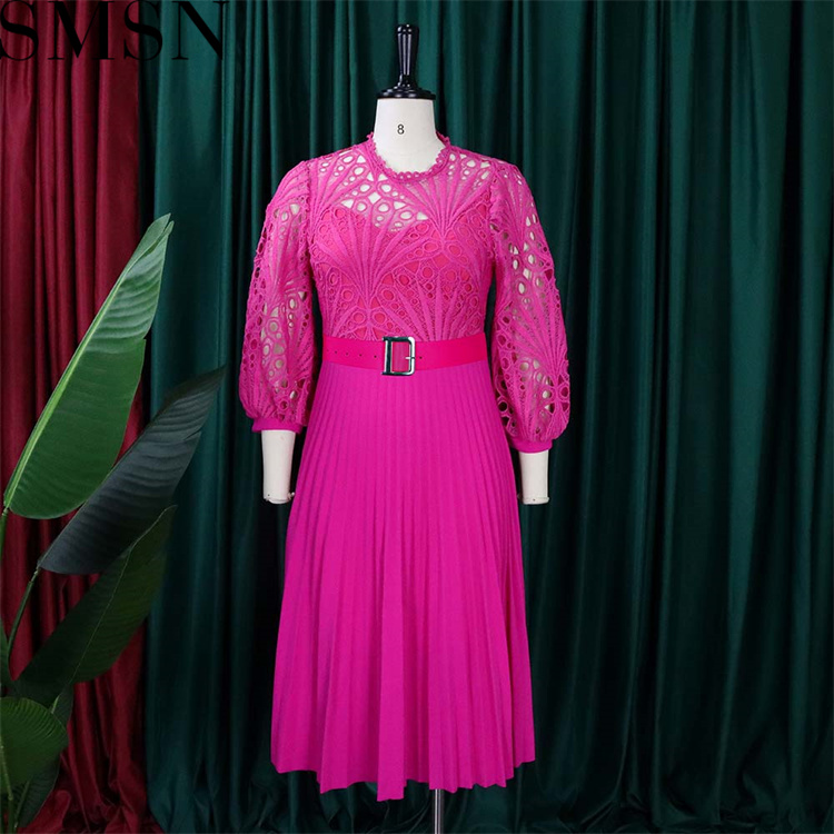 Plus Size Dress Puff Sleeve Lace Party Wear Belt Plus Size Autumn Women Pleated Dress