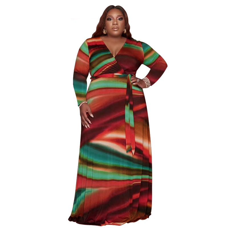 Plus Size Dress Amazon abstract printing with belt deep V neck fashion tight large size dress