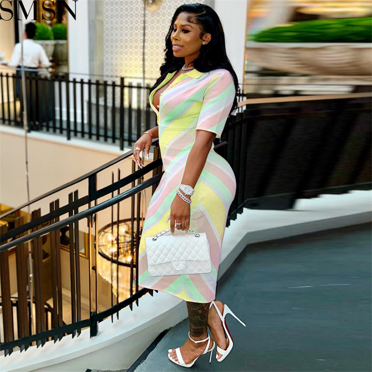 Casual Dress digital stripes contrast color positioning printing skinny V neck button sexy dress