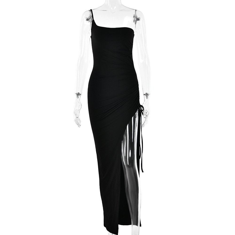 Single Strap Pleated Tight Backless Long Dress