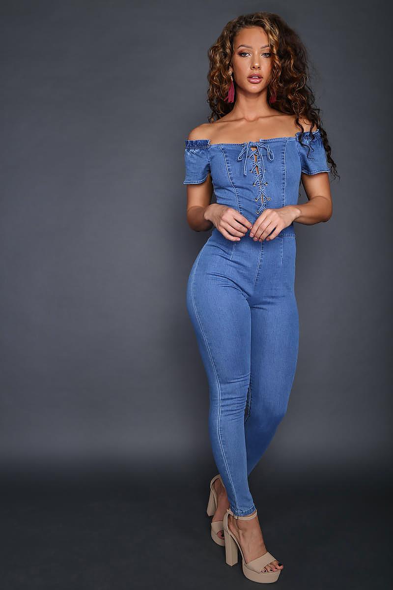 Fashion corns strap sexy denim Jumpsuit