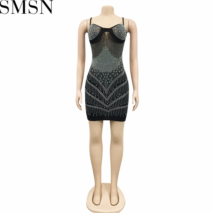 Casual Dress Amazon nightclubs hot rhinestone sexy see through wrapped chest midi dress