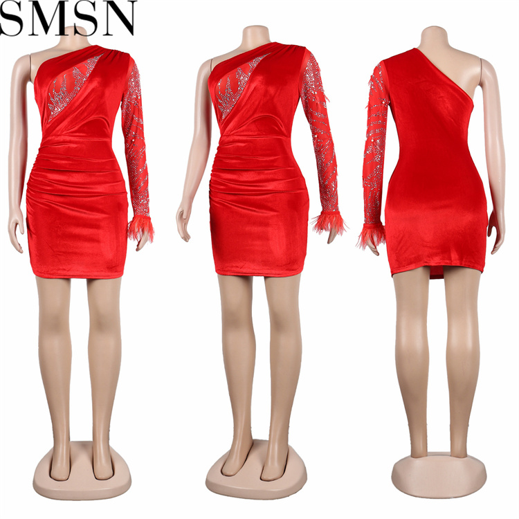 Plus Size Dress European and American sexy oblique shoulder rhinestone beaded feather dress