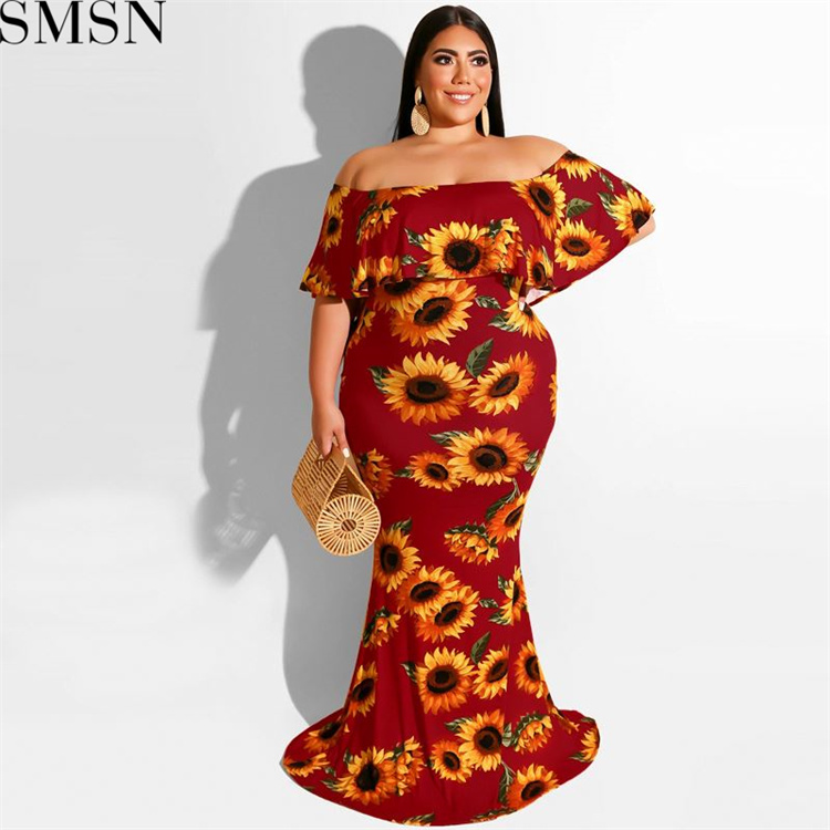 Plus Size Dress 2022 Summer Sunflowers Leaf Printed Sexy Tight Dress