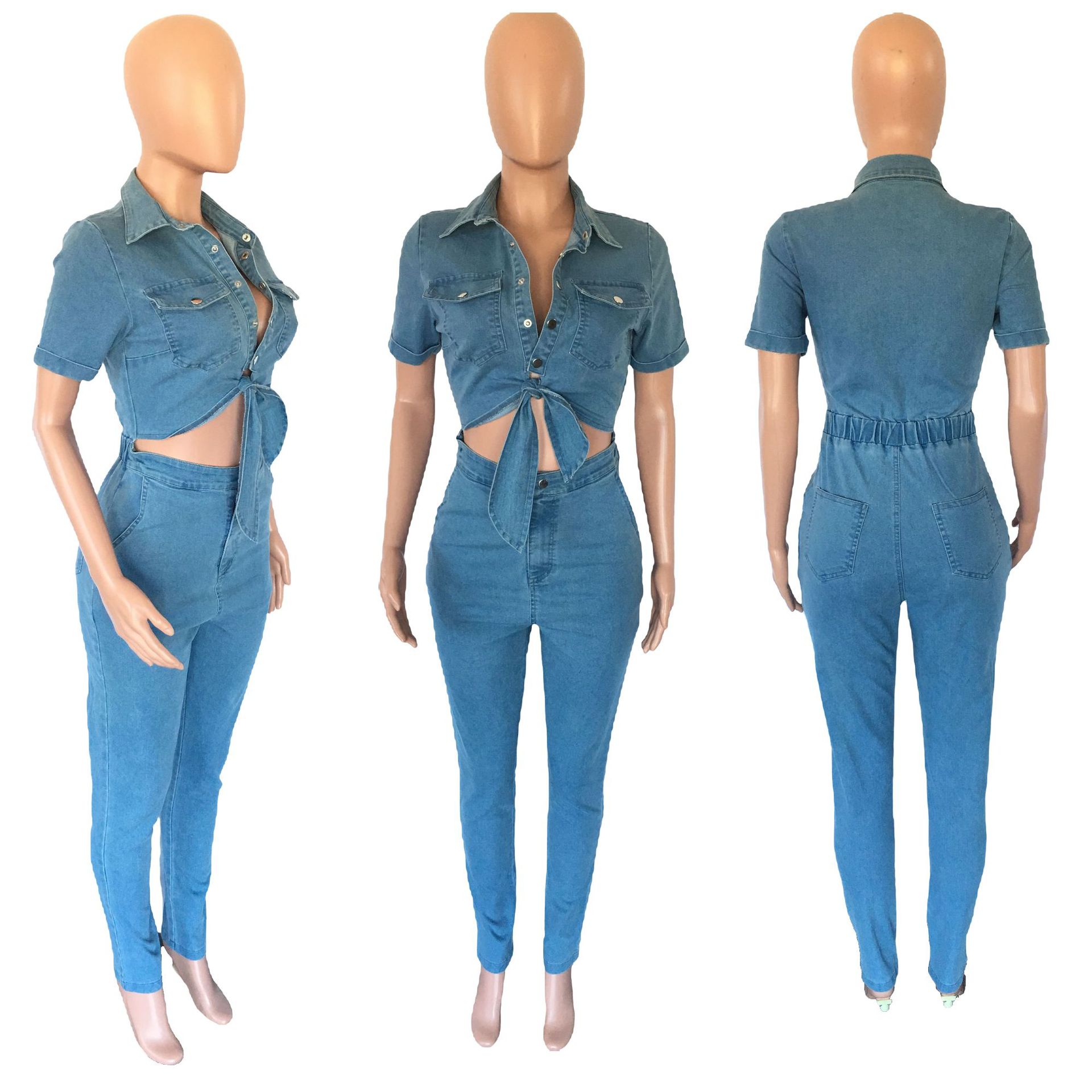 Sexy slim fitting fashion short sleeved denim jumpsuit