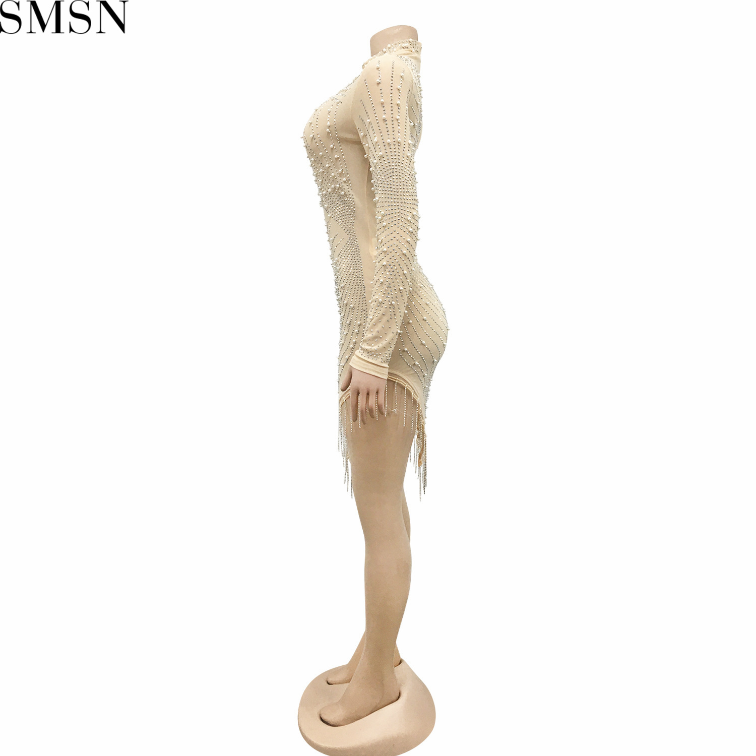 Fashion dress for women sexy nightclub mesh see-through hot rhinestone bubble bead tassel round-neck long-sleeved dress