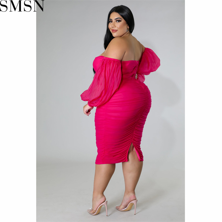 Plus Size Dress autumn new large size women dress skinny mesh pleated long sleeve one step dress