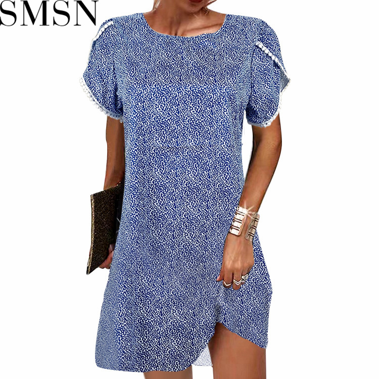Casual Dress 2022 summer round neck short sleeve loose lace edge ladies floral dress