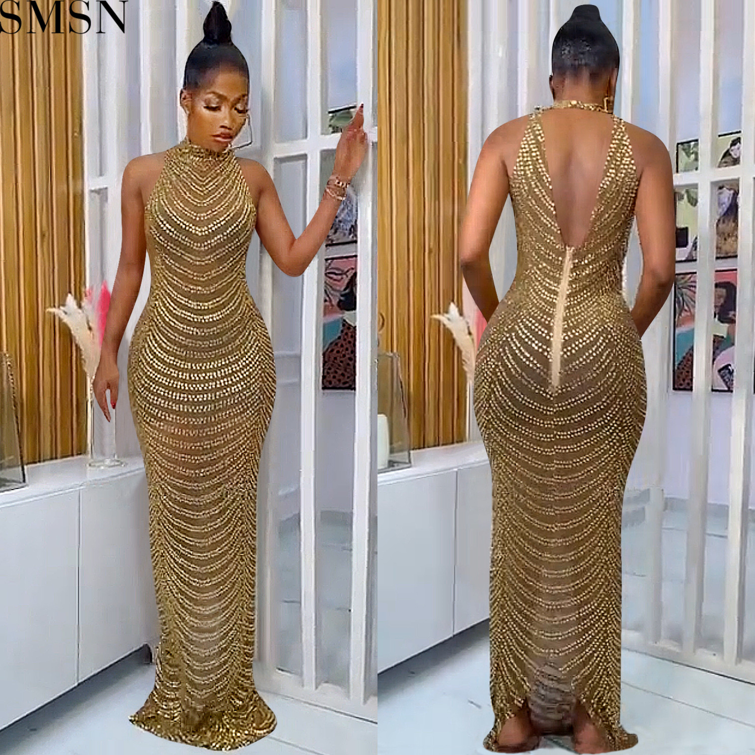 Fashion women dress sexy backless nightclub party formal dress rhinestone see-through dress for women