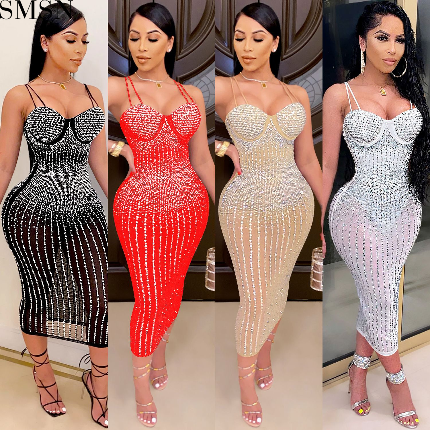 Fashion women's wear Party nightclub mesh see-through rhinestone Diamond strap dress plus size casual dress
