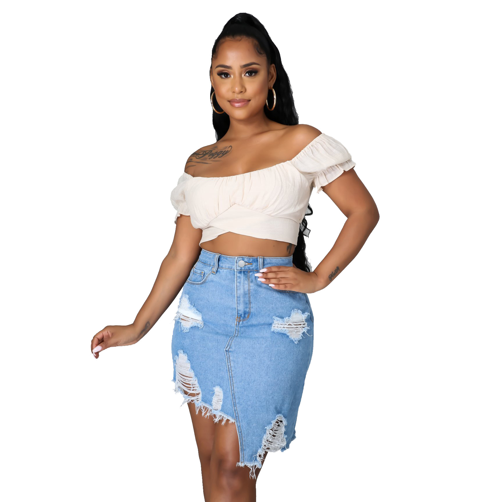 Sexy hole irregular straight denim skirt