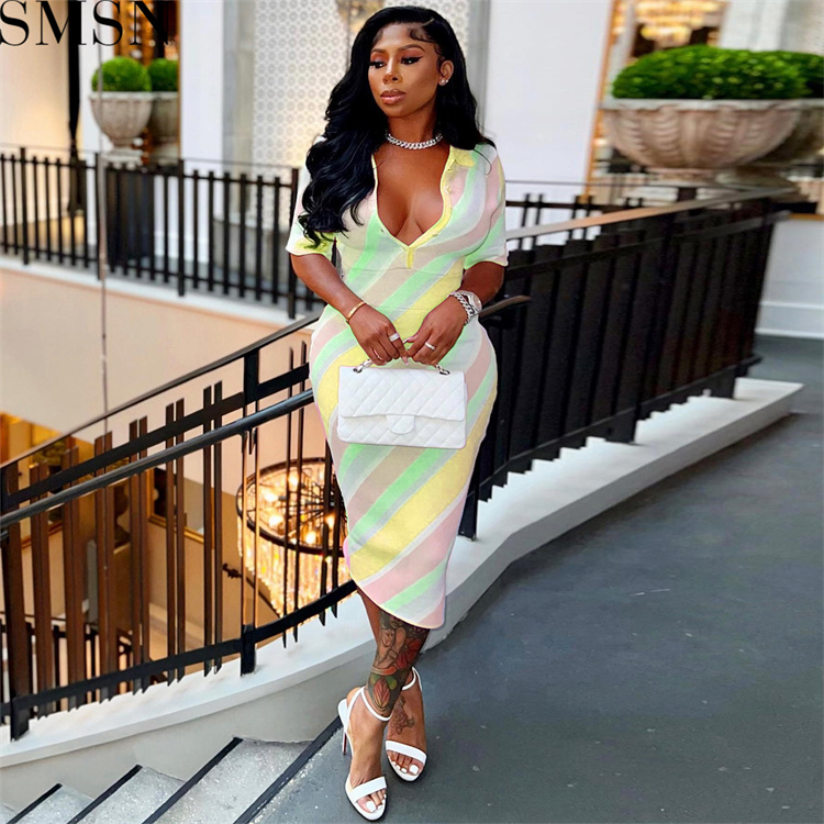 Casual Dress digital stripes contrast color positioning printing skinny V neck button sexy dress