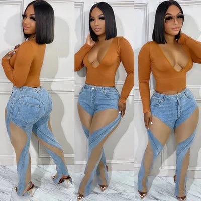 Fashion Mesh Sand Combination Elastic Slim Fit Hip Lift Jeans