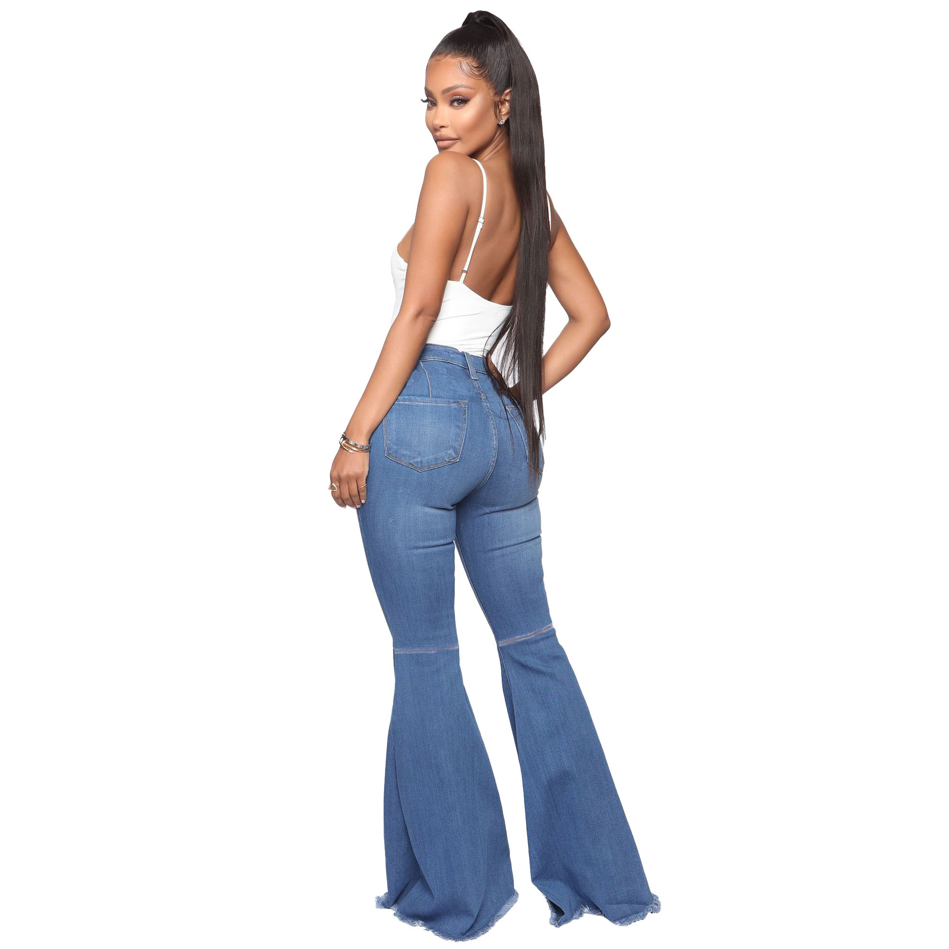 Fashion high waist elastic denim flared pants