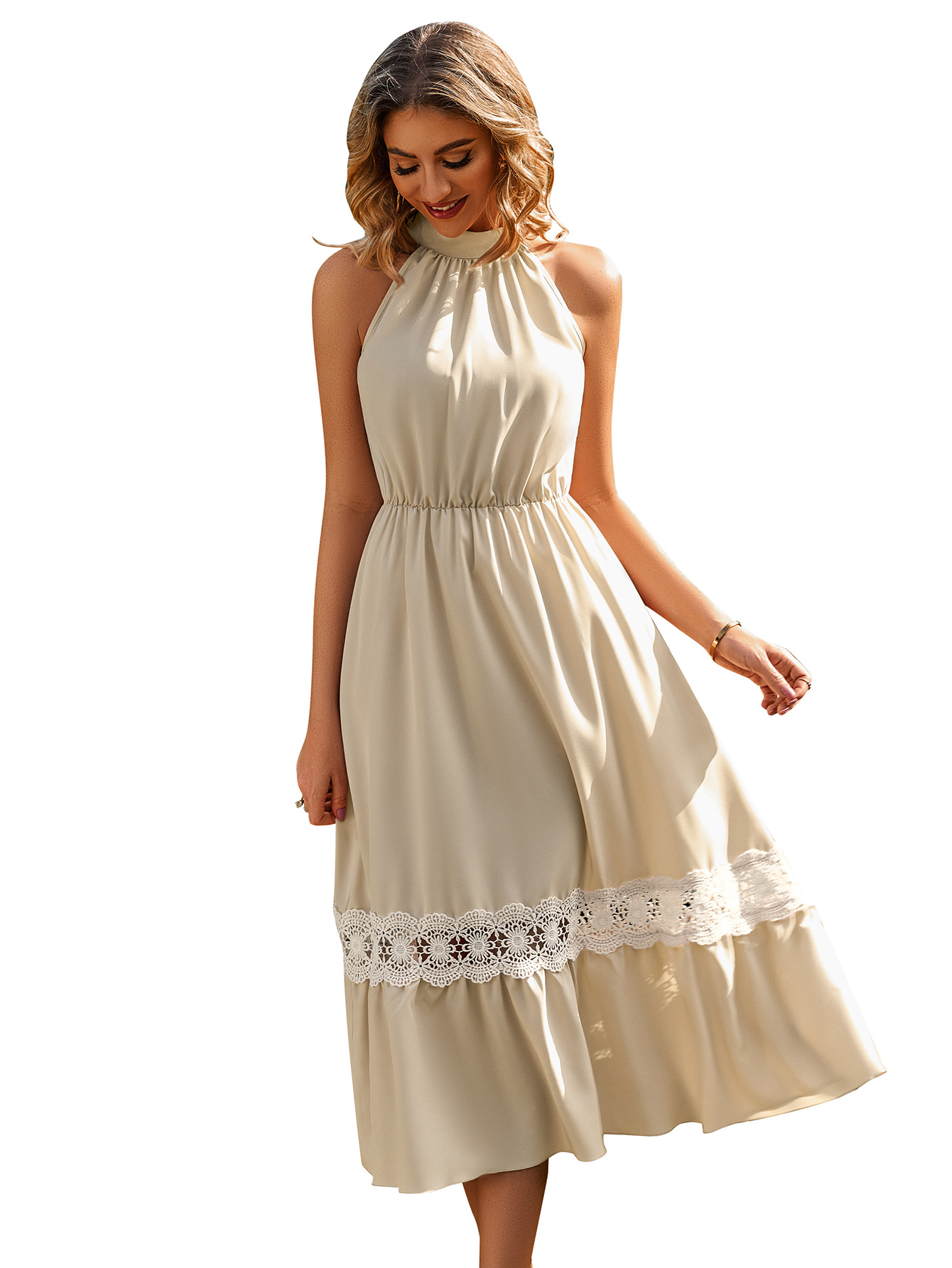 Solid Color Sleeveless Hanging Neck Lace Dress