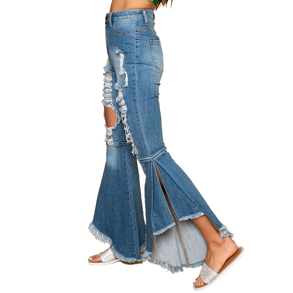 Fashion stitched jeans flared pants with holes